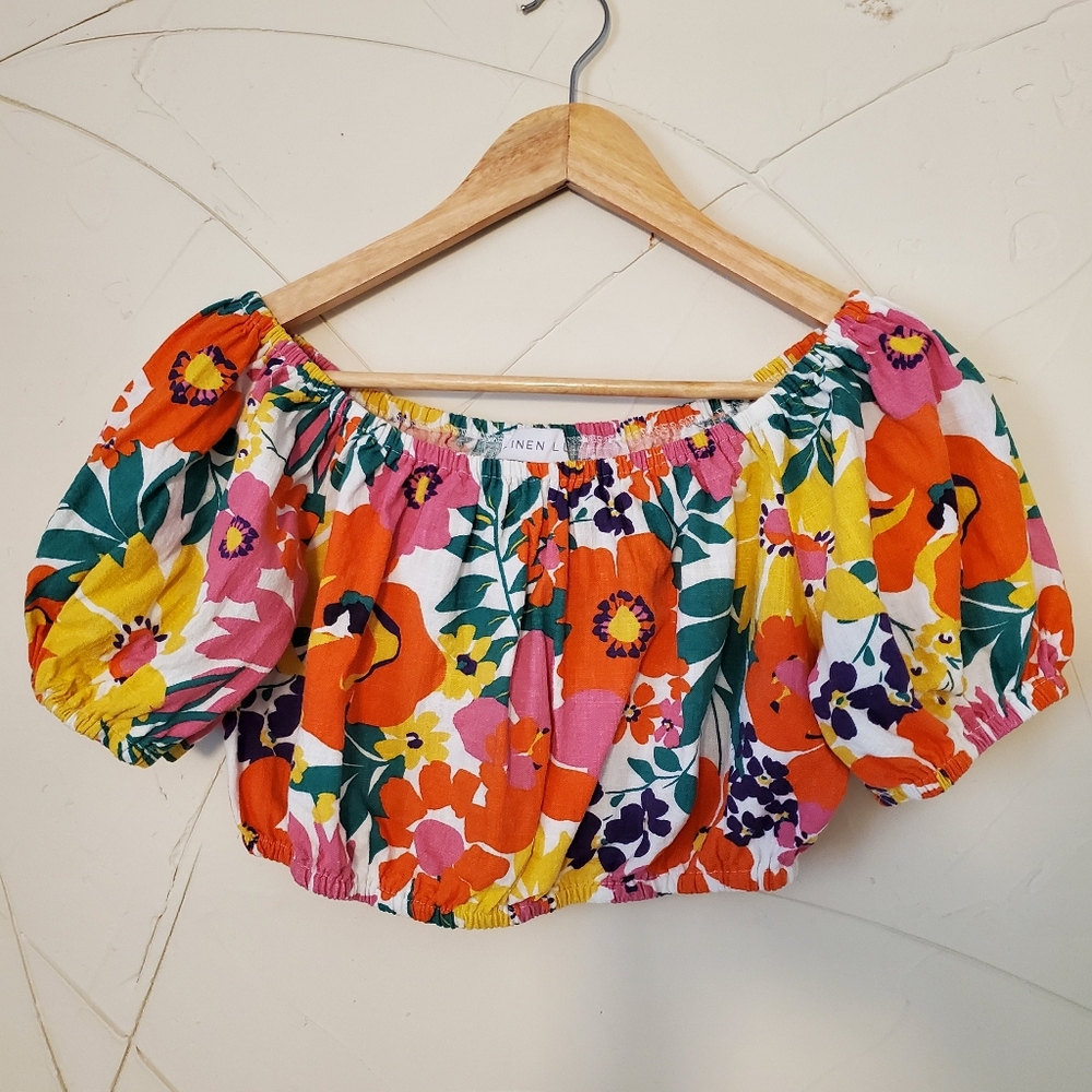 Linen Lux Tropical Multi-Color Floral Linen Blend Off The Shoulder Cropped Shirt